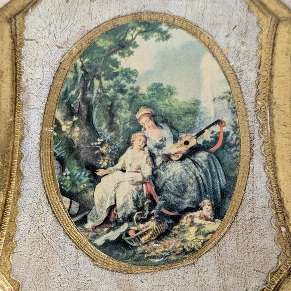 Vintage Italian Gold Gilt Pair Florentine Wooden Frames Garden Scene Wall Plaque - Picture 10 of 11